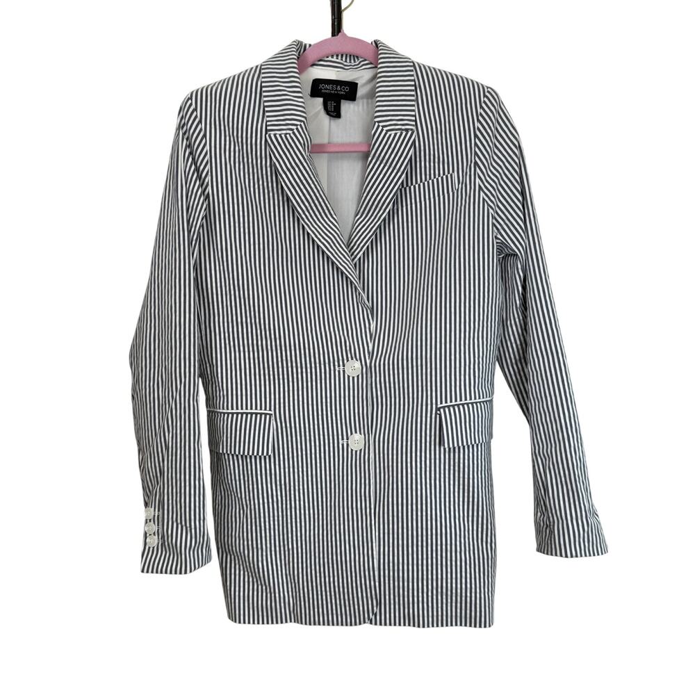 Jones & Co Navy White Pinstripe Blazer Women’s Medium Tailored Jacket
